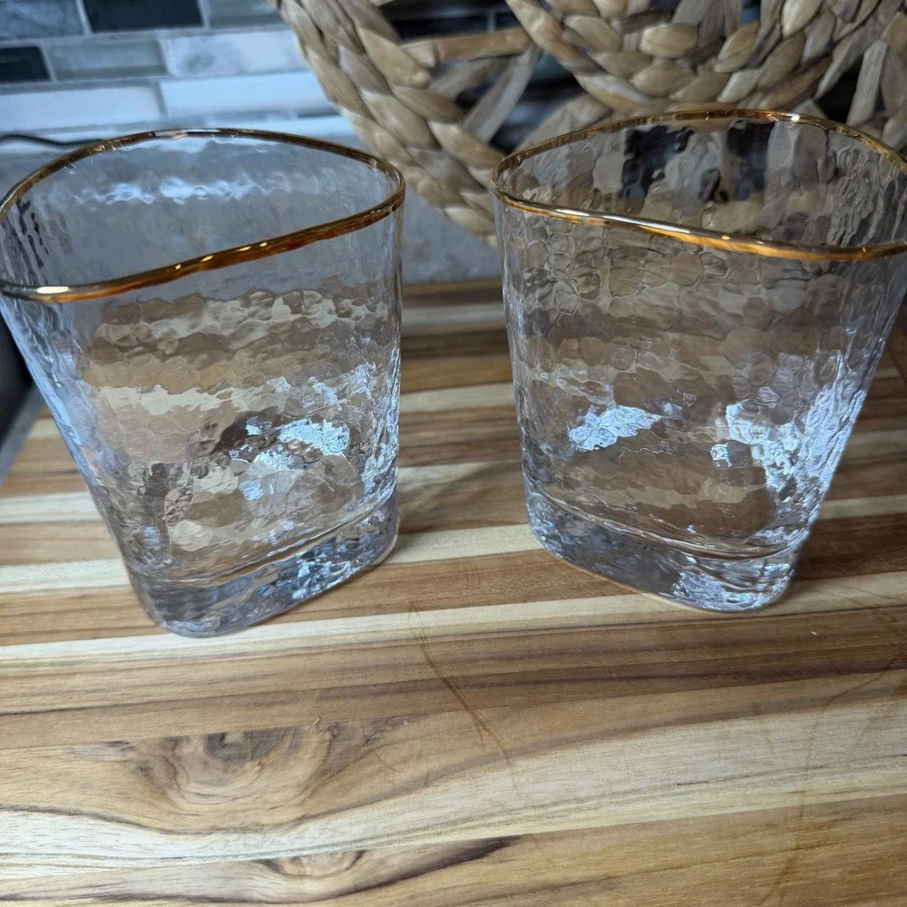 Vintage Hammered Gold Rim Triangular Whiskey Glasses Set of 2 Rocks Glass Clear
